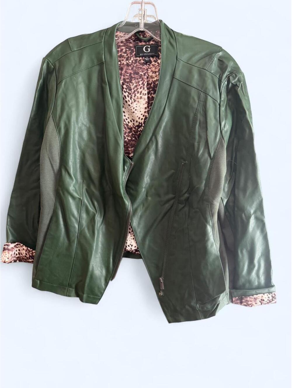 Green faux leather jacket with leopard print lining and cuffs, size L